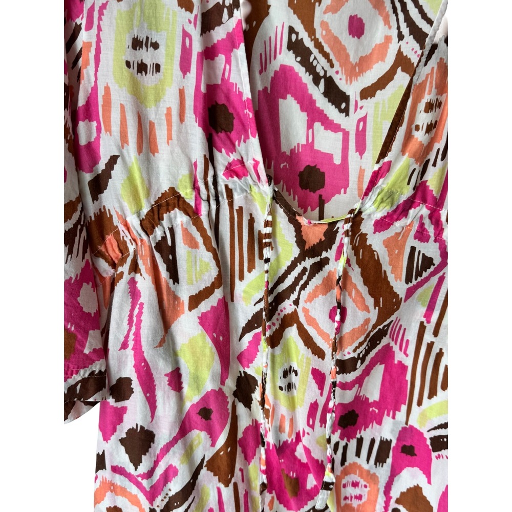 Radio Fiji Pink Brown Ikat Geometric V-Neck Drawstring Beach Cover Up Dress